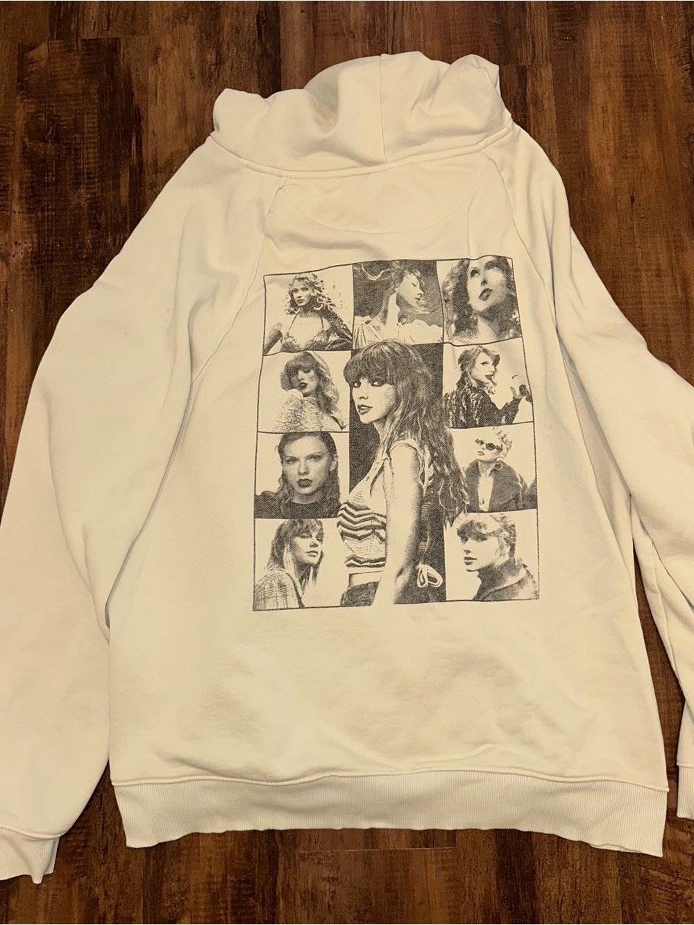 Authentic Taylor Swift Eras Tour White Graphic Hoodie with Black Photo Collage